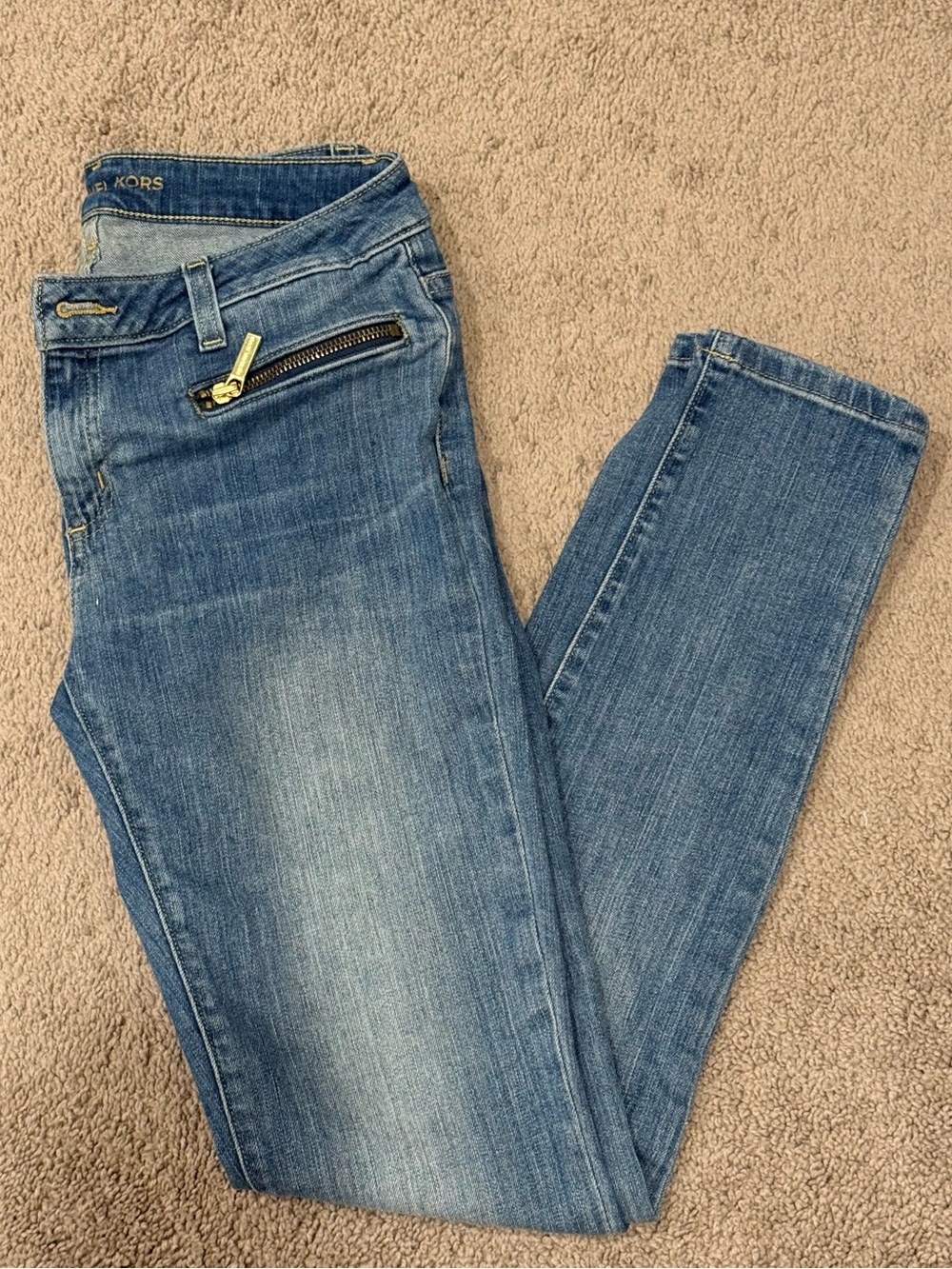 Michael Kors | Women's Blue Izzy Skinny Jeans with Gold Zip Detail